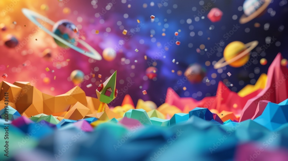 Poster low poly galaxy with blocky stars and angular shapes