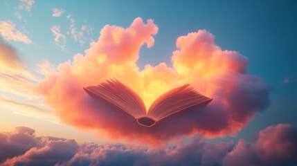 A warm evening sky with a single cloud shaped like an open book, symbolizing a love story