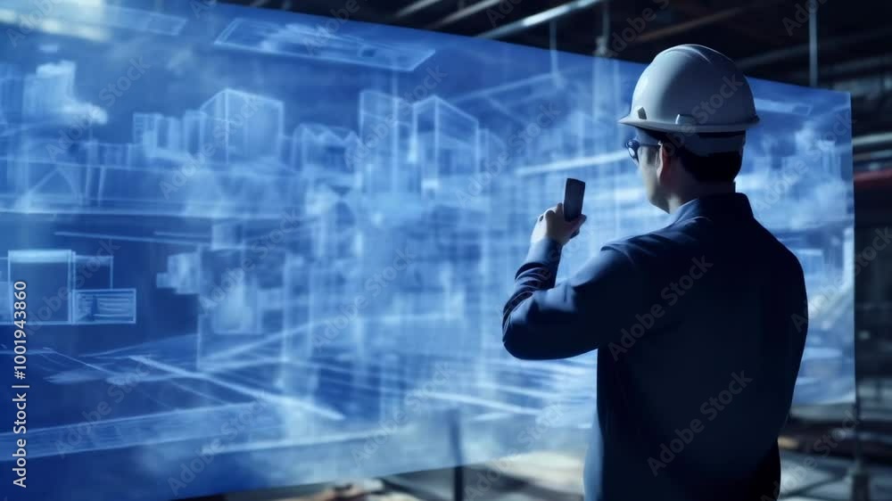 Poster industrial engineer wearing a hard hat and safety glasses is using a smartphone app to control the p