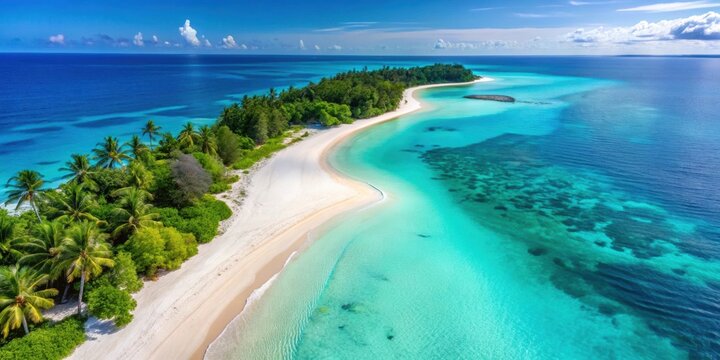 Aereal view of a tranquil beach scene with clear blue waters and white sand, beach, aerial view, ocean, coastline