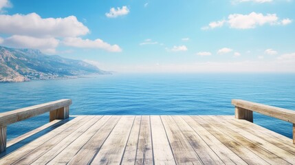 Obraz premium A wooden viewing platform extending towards an endless ocean, with coastal lines and distant hills subtly framing the sides