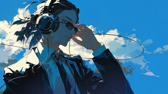 Stylish Man in Headphones Enjoys Music Against a Blue Sky Generative AI