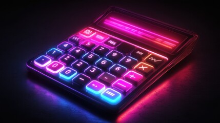 A vibrant, illuminated calculator with neon colors against a dark background.