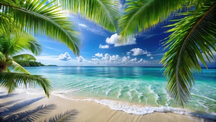 Fototapeta premium Tropical paradise with sandy shore, crystal-clear water, palm leaves, and foamy waves, tropical