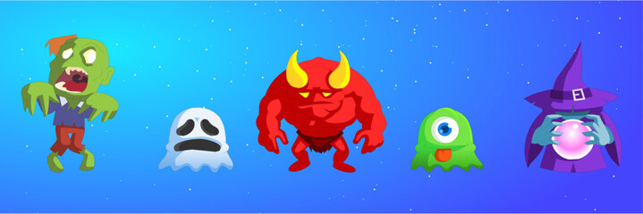 Set of Cute Halloween monsters. Comic cartoon monsters characters Vector Illustration.