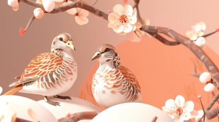 Obraz premium Minimalist 3D Quails Among Blossoms and Eggs