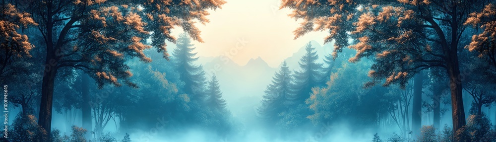 Aufkleber misty forest landscape with tall trees and soft lighting creating a tranquil atmosphere.