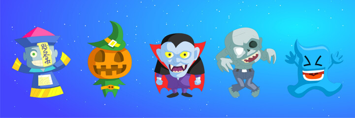Set of Cute Halloween monsters. Comic cartoon monsters characters Vector Illustration.