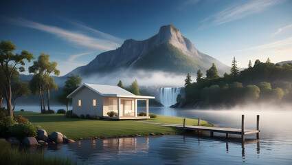 Fototapeta premium A small white wooden house stands firmly on the edge of a calm lake. The background is decorated with high mountains with a waterfall flowing rapidly. A thin mist covers the foot of the mountain