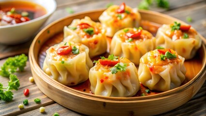 Close-up of Hong Kong-style siu mai fish dumplings drizzled with spicy oil on a plate , street food