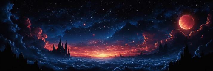 Red moon, starry sky over a fantasy city