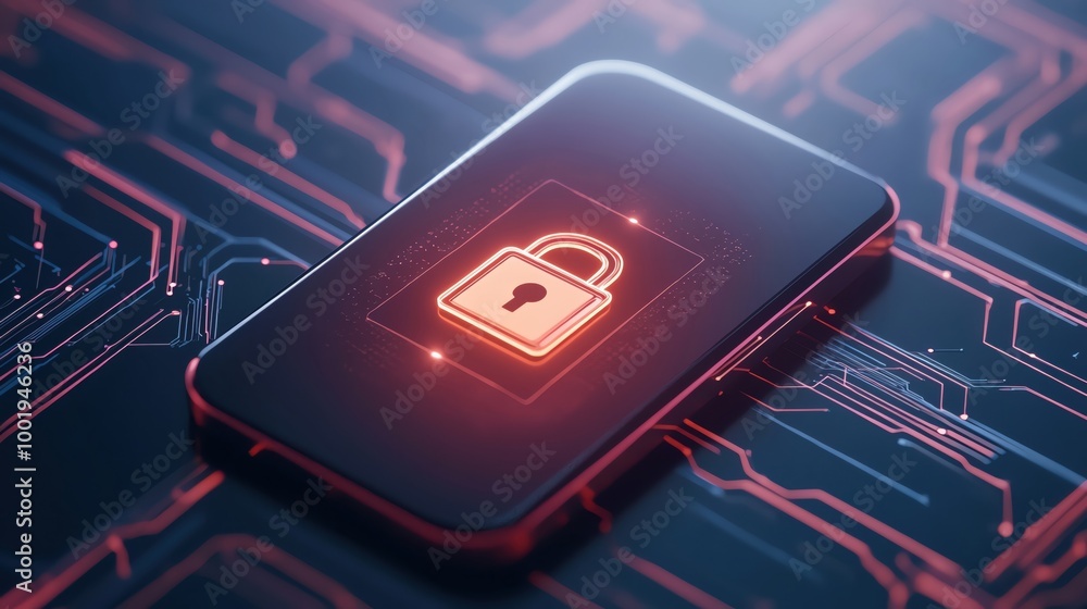 Poster smartphone with padlock icon over digital circuit background, symbolizing cybersecurity and data pro