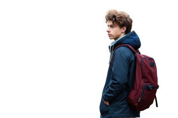 Fototapeta premium Young student holding a backpack while standing at a bus stop waiting for the bus, looking into the distance isolated on white background