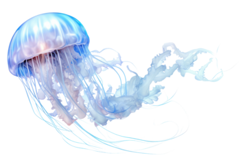 Translucent jellyfish with long flowing tentacles and soft blue glow floating gracefully isolated on white background