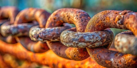Close up shot of a weathered rusty chain, showcasing an industrial abstract and macro details, rusty, chain, weathered