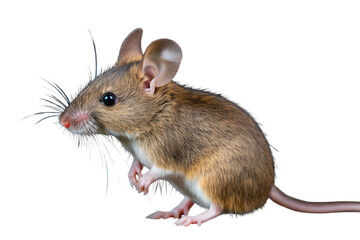 Side view of a mouse with large ears, sniffing the air, with a blurred background of a natural habitat isolated on white background
