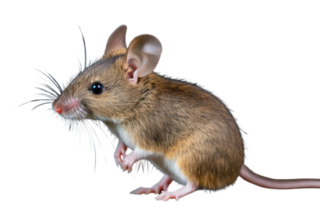 Side view of a mouse with large ears, sniffing the air, with a blurred background of a natural habitat isolated on white background
