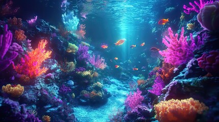 Naklejka premium Vibrant Coral Reef with Colorful Fish and Sunbeams