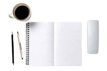 Overhead view of a student workspace with an open notebook, a laptop, isolated on white background