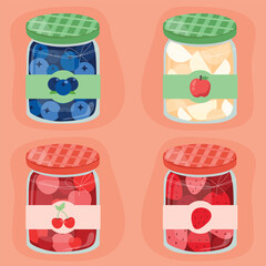 4 jars of fruit jam. blueberry jam, apple jam, cherry jam and strawberry jam.