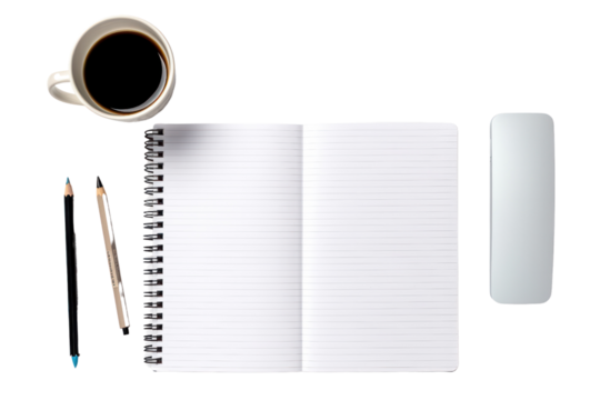 Overhead view of a student workspace with an open notebook, a laptop, isolated on white background