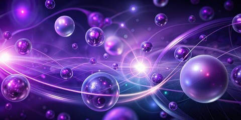 Abstract purple glowing background with flying balls circles atoms molecules particles energy bubbles, Purple, glowing