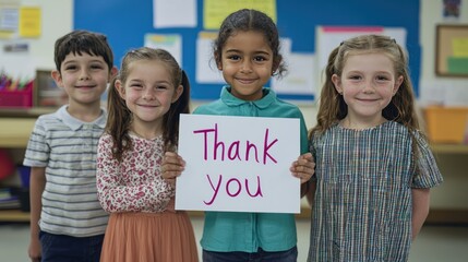 A group of four smiling children stands together in a classroom, with one holding a sign that says "Thank you."
