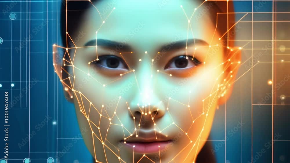 Poster cutting edge facial recognition system analyzes a digital face scan, creating a detailed biometric m