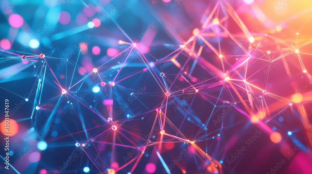 Poster abstract interconnected network with vibrant neon lines and glowing points