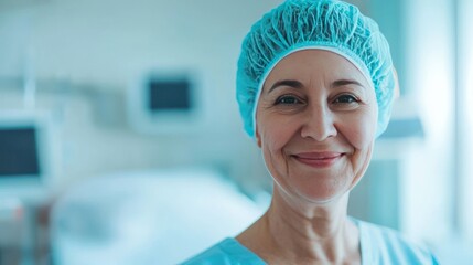 A smiling healthcare professional in scrubs and surgical cap, standing in a hospital environment, conveying warmth and care.