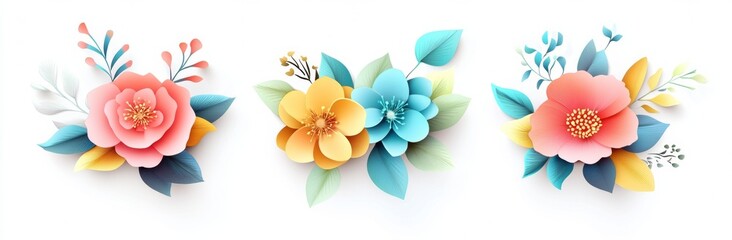 Obraz premium 3D render of colorful paper-cut flowers and leaves isolated on a white background,