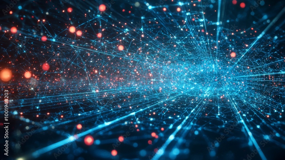 Poster abstract blue and red network with interconnected lines and glowing dots