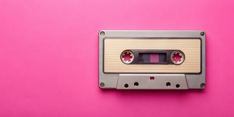 Fototapeta premium Retro audio cassette tape on pink background, vintage music technology, retro,audio cassette, tape, pink background