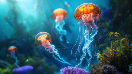 Surreal Underwater Landscape with Coral and Jellyfish