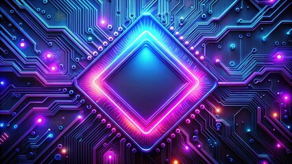 Futuristic circuit board with glowing neon lights in purple and blue tones, circuit board, futuristic, technology, glowing