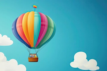 Colorful Hot Air Balloon with Three Passengers Flying in a Blue Sky