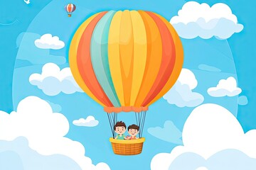 Two Boys Riding in a Hot Air Balloon Against a Blue Sky with White Clouds