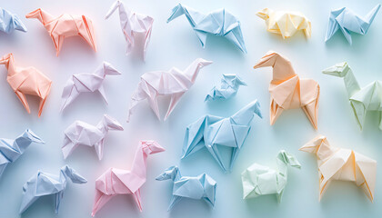 Obraz premium A pattern of folded origami animals or shapes in soft pastel colors, offering a sense of creativity and delicate craftsmanship