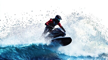 Naklejka premium A Jet Ski Rider Creates a Spray of Water as They Carve Through a Wave