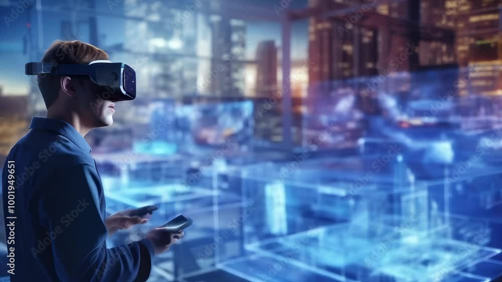 Aufkleber Architect is wearing a vr headset and using a tablet to interact with 3d models of buildings, simulating different design options