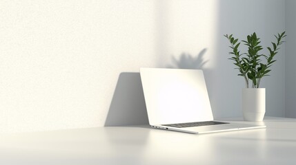 Fototapeta premium Minimalist Workspace with Laptop and Potted Plant