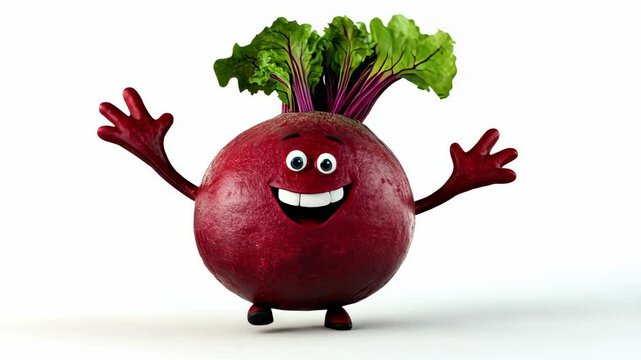 A cartoon beet with a big smile and arms outstretched is waving hello