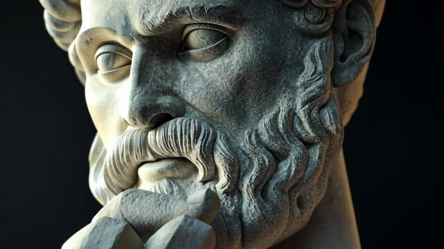 A close-up view of a marble sculpture of a man with a beard, his hand resting on his chin in contemplation