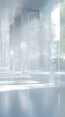 Obraz premium A serene, modern interior space with glass elements and natural light filtering through.