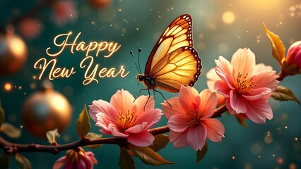 Obraz premium Happy New Year Greeting with Butterfly on Pink Flowers and Gold Ornaments