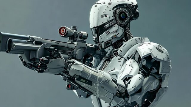 A robotic soldier aims a futuristic rifle while wearing a white, armored suit