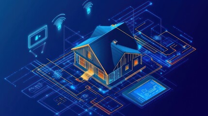 A 3D rendering of a smart home with a glowing blue and orange outline, connected by a network of lines.