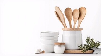 Kitchen Utensils and Bowls on a White Background