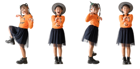 Set of happy smiling Asian child girl wear halloween witch costume, with looking surprise posing full body portrait, isolated on white background, png