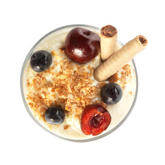 breakfast with yogurt, granola, fresh fruits and berries isolated on white
